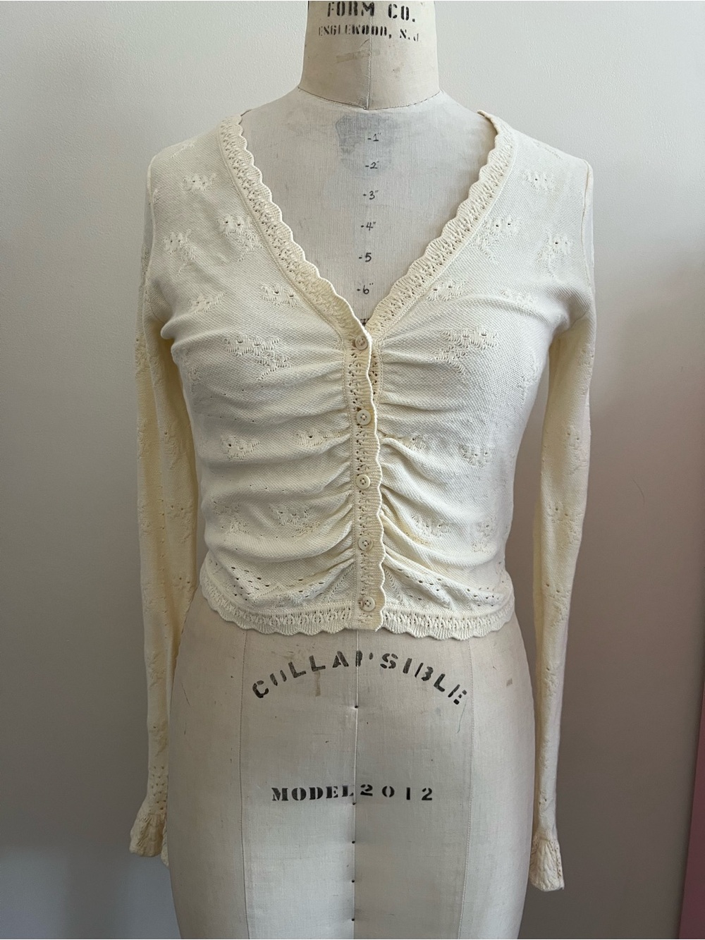 LoveShackFancy Cream Ruched Pointelle Button Front Cardigan